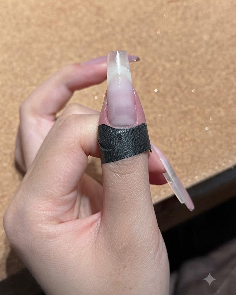 Un primer plano de una uña con una capa delgada y brillante de gel melocotón blanco nude aplicado sobre el degradado.