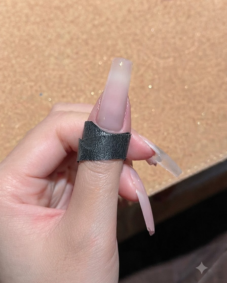 Una uña cubierta con una capa gruesa de gel cat eye brillante, lista para la colocación del imán.
