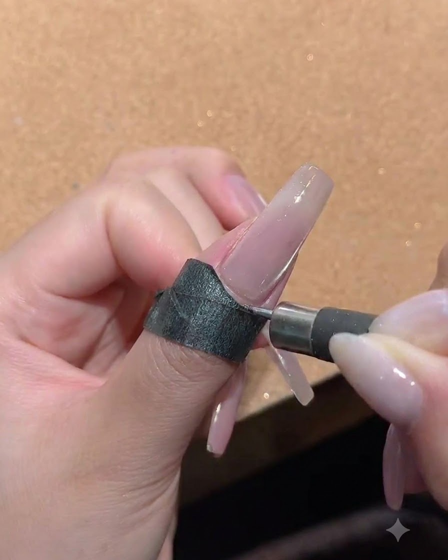 Un primer plano de un dedo con un pequeño imán de uñas sostenido contra el costado de una uña de gel cat eye brillante.