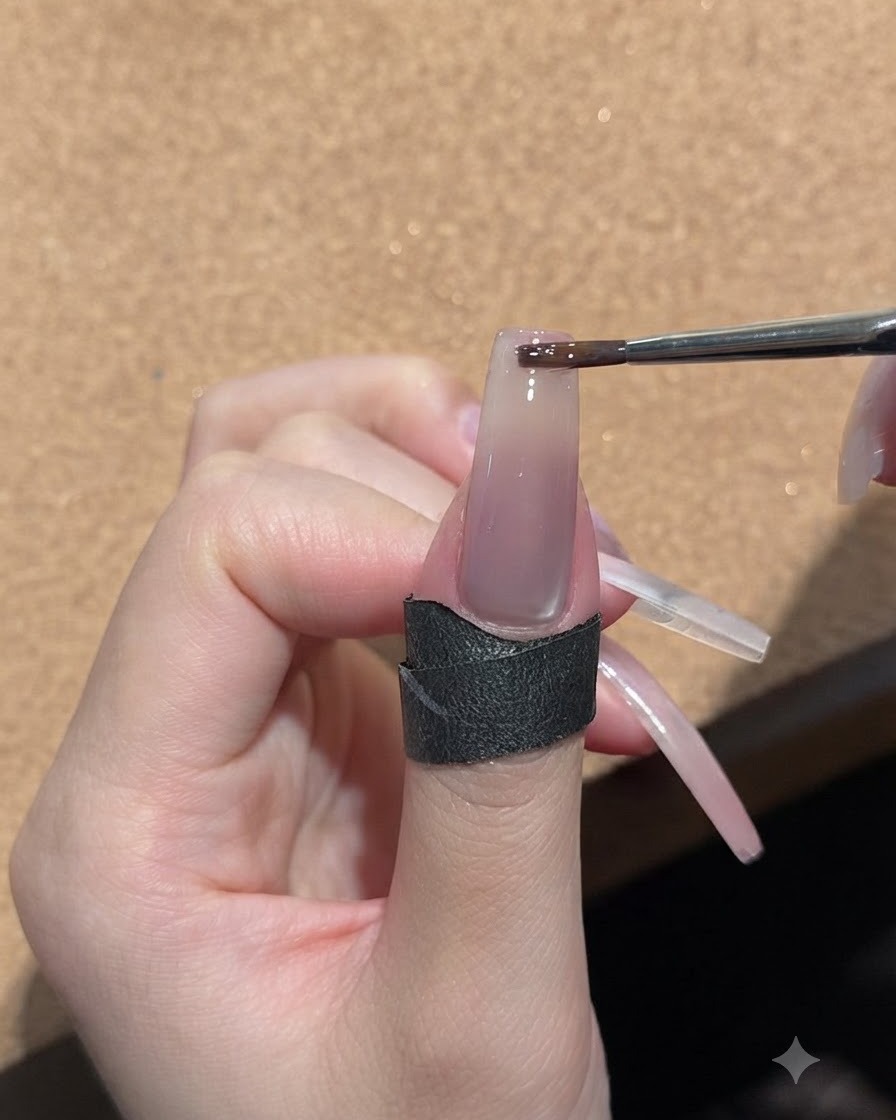 Una pequeña esponja de maquillaje siendo golpeada suavemente contra la punta de una uña nude brillante.