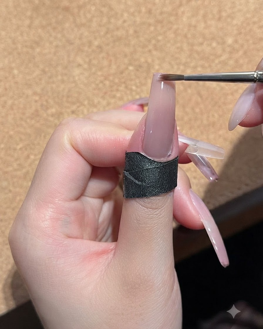 Un pincel de uñas fino aplicando una segunda capa de gel melocotón nude en la punta de una uña.