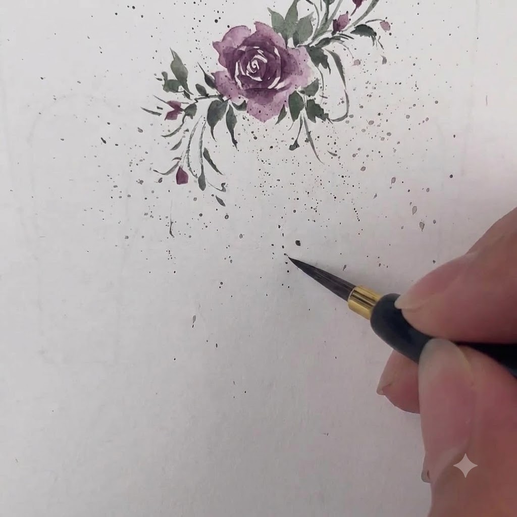 Un pincel fino pintando una delicada forma de número nueve en púrpura oscuro sobre papel de acuarela.