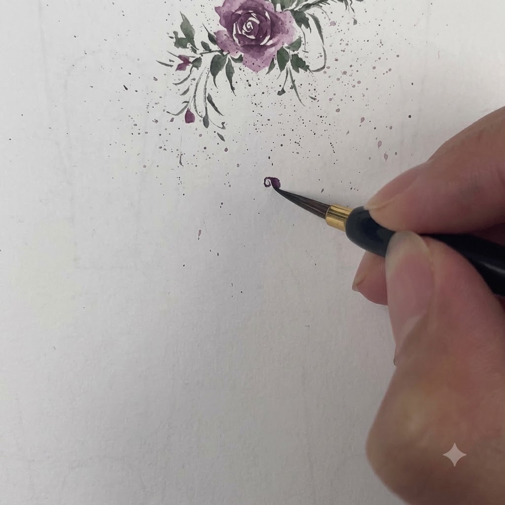 Un pincel de acuarela fino aplicando un trazo púrpura oscuro para formar el primer pétalo que envuelve el centro de la flor.