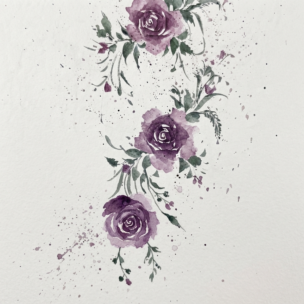 Follaje de acuarela y hojas verdes abiertas en forma de ocho pintadas alrededor de la rosa púrpura.