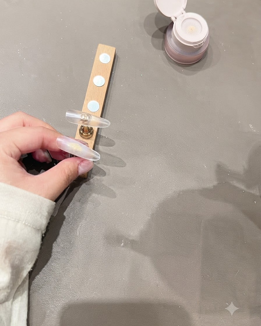 Una punta de uña colocada en un soporte de madera junto a un envase de gel.