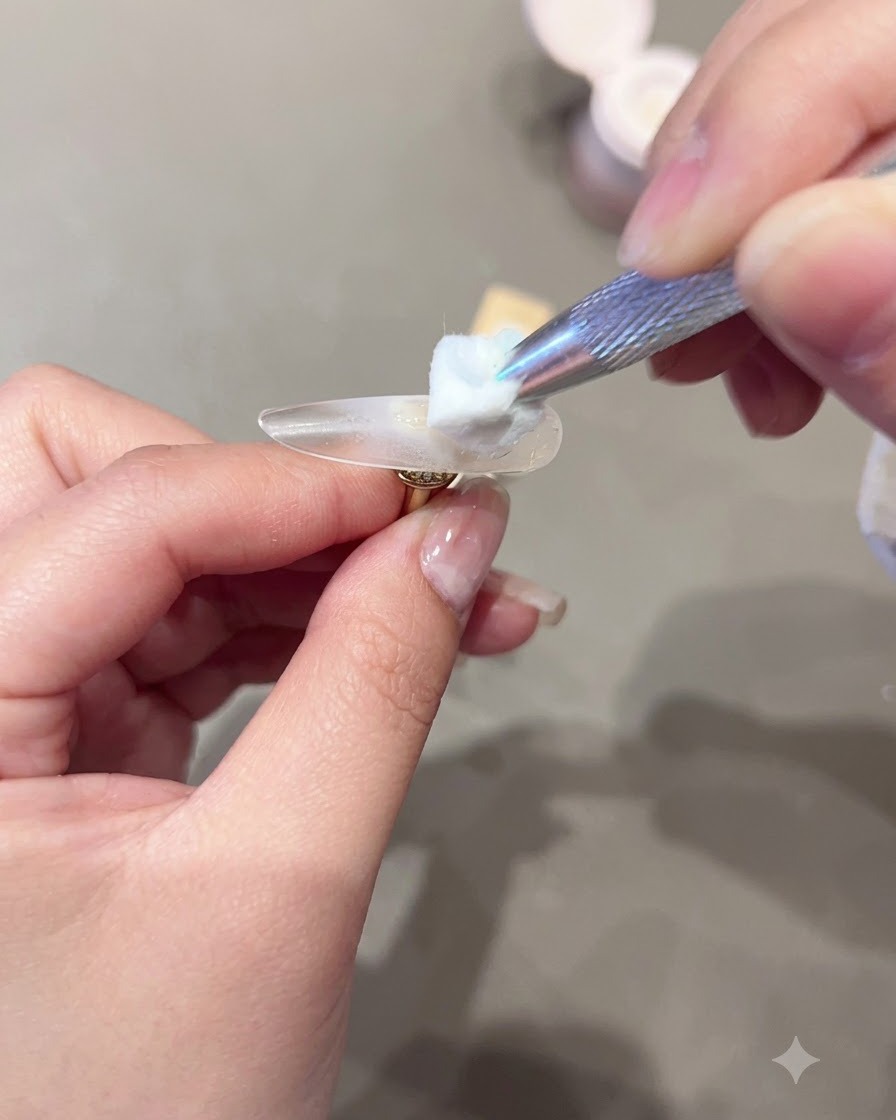 Una herramienta sosteniendo un algodón con líquido aplicando producto sobre una punta de uña transparente.