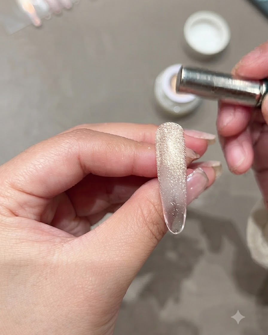 Un primer plano de una mano sosteniendo un imán cilíndrico sobre una uña alargada, revelando una banda ancha de efecto de ojo de gato brillante.