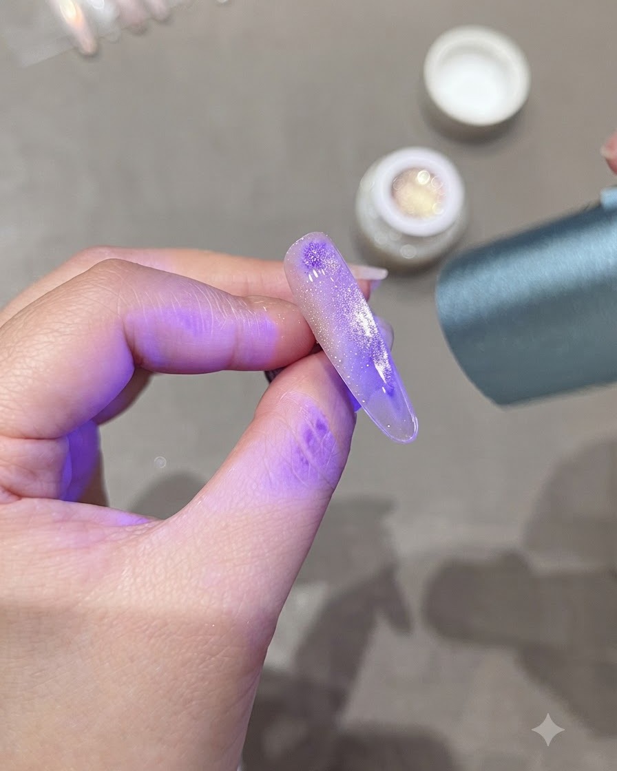 Una mano sosteniendo una lámpara de curado UV con luz púrpura sobre una uña alargada con un diseño de brillo de ojo de gato centrado.