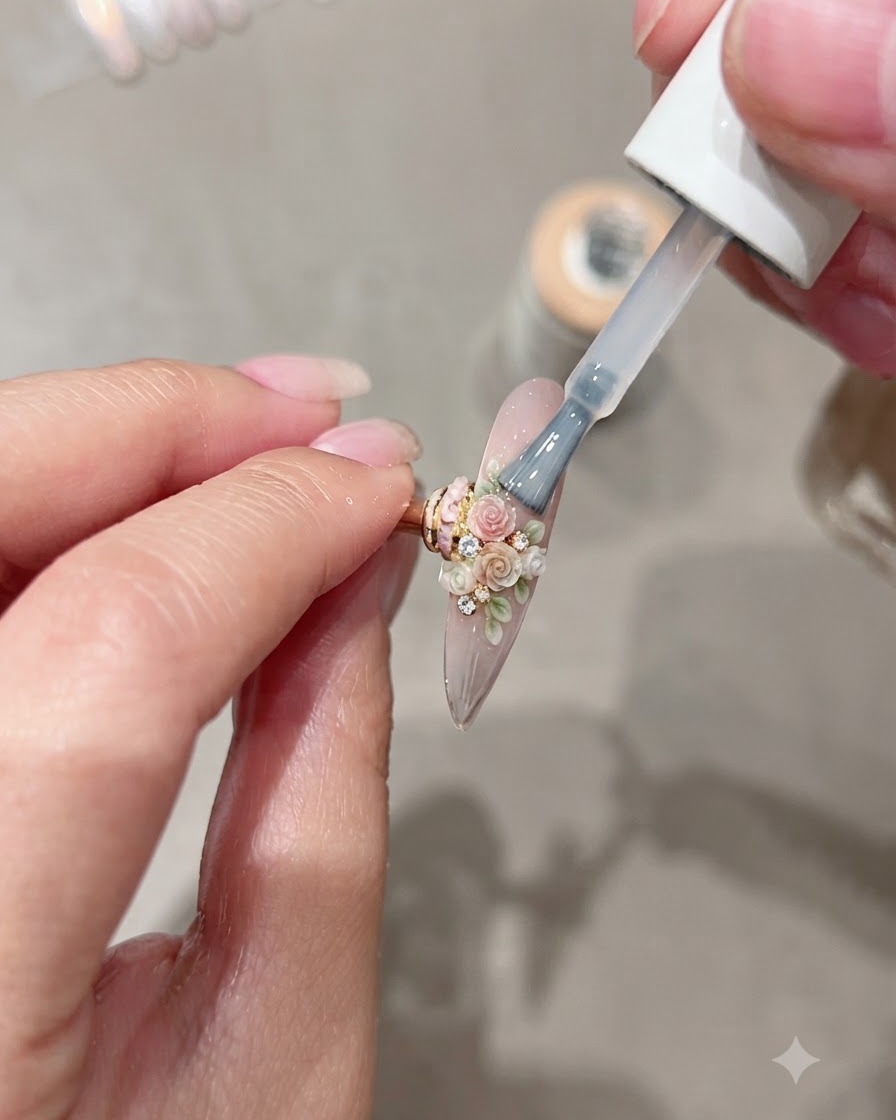 Un pincel aplicando una capa superior transparente de gel espejo Moding C8 sobre una uña alargada adornada con arte floral miniatura en 3D.