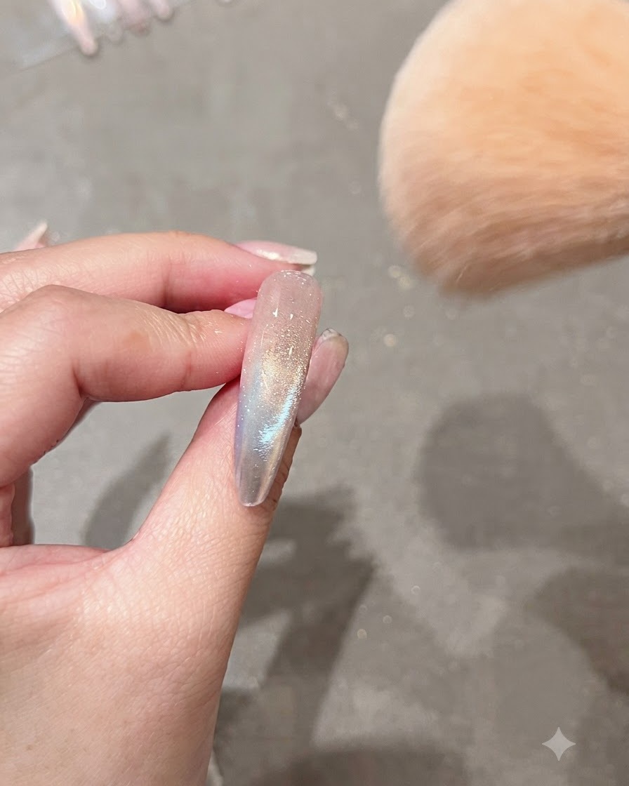 Un pincel de maquillaje grande y esponjoso barriendo el exceso de polvo aurora de una uña decorada.