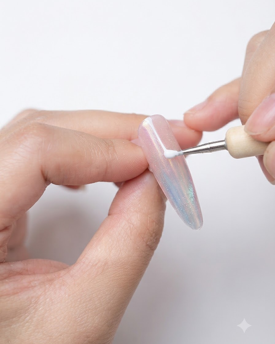 Un primer plano de un pincel delineador fino aplicando líneas de gel blanco sobre una uña decorada.