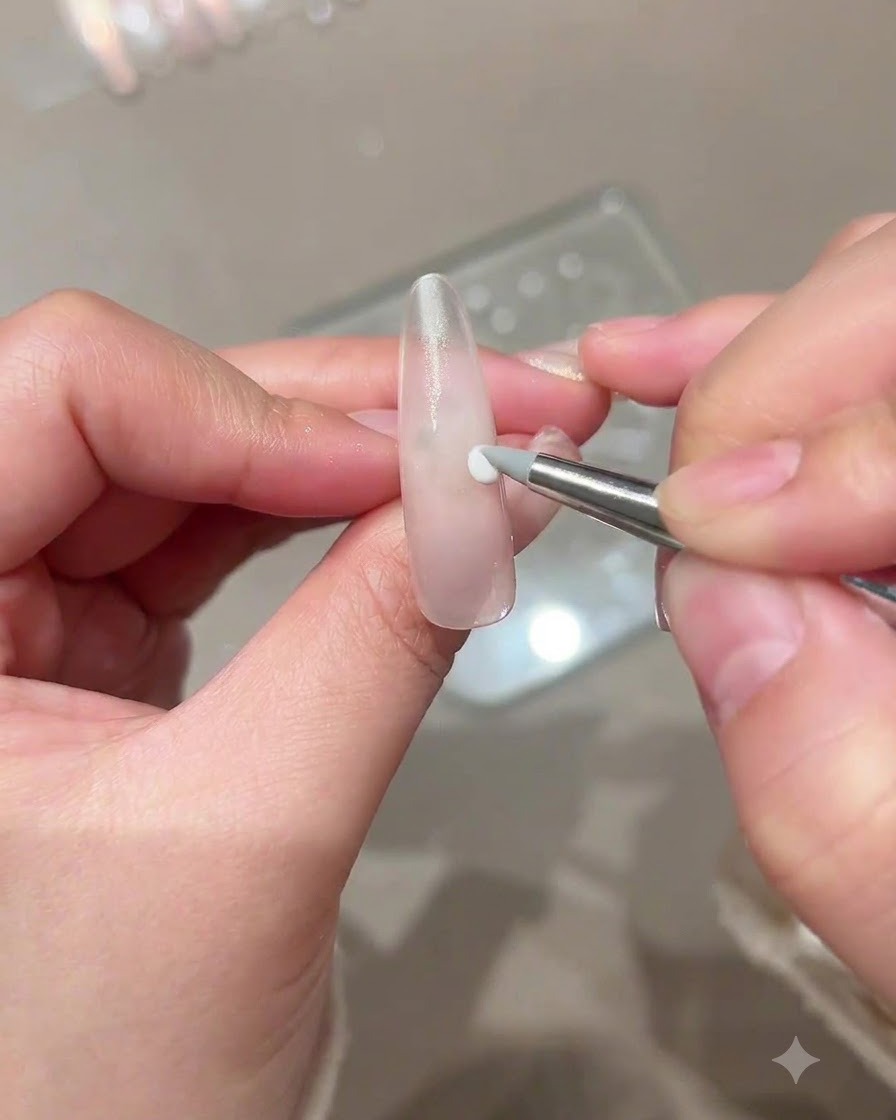 Una herramienta de punta de silicona colocando un pequeño punto blanco de gel escultórico en una uña nude.