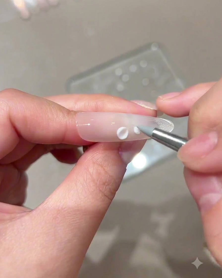 Una herramienta de uñas colocando pequeñas esferas de gel escultórico blanco alrededor de un punto central en una uña.