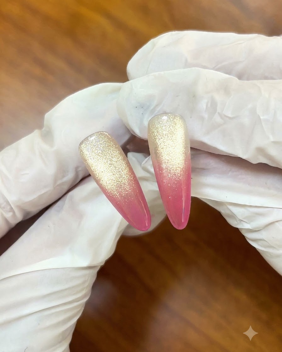 Un primer plano de un pincel de uñas aplicando gel rosa baya en la punta de una uña postiza.