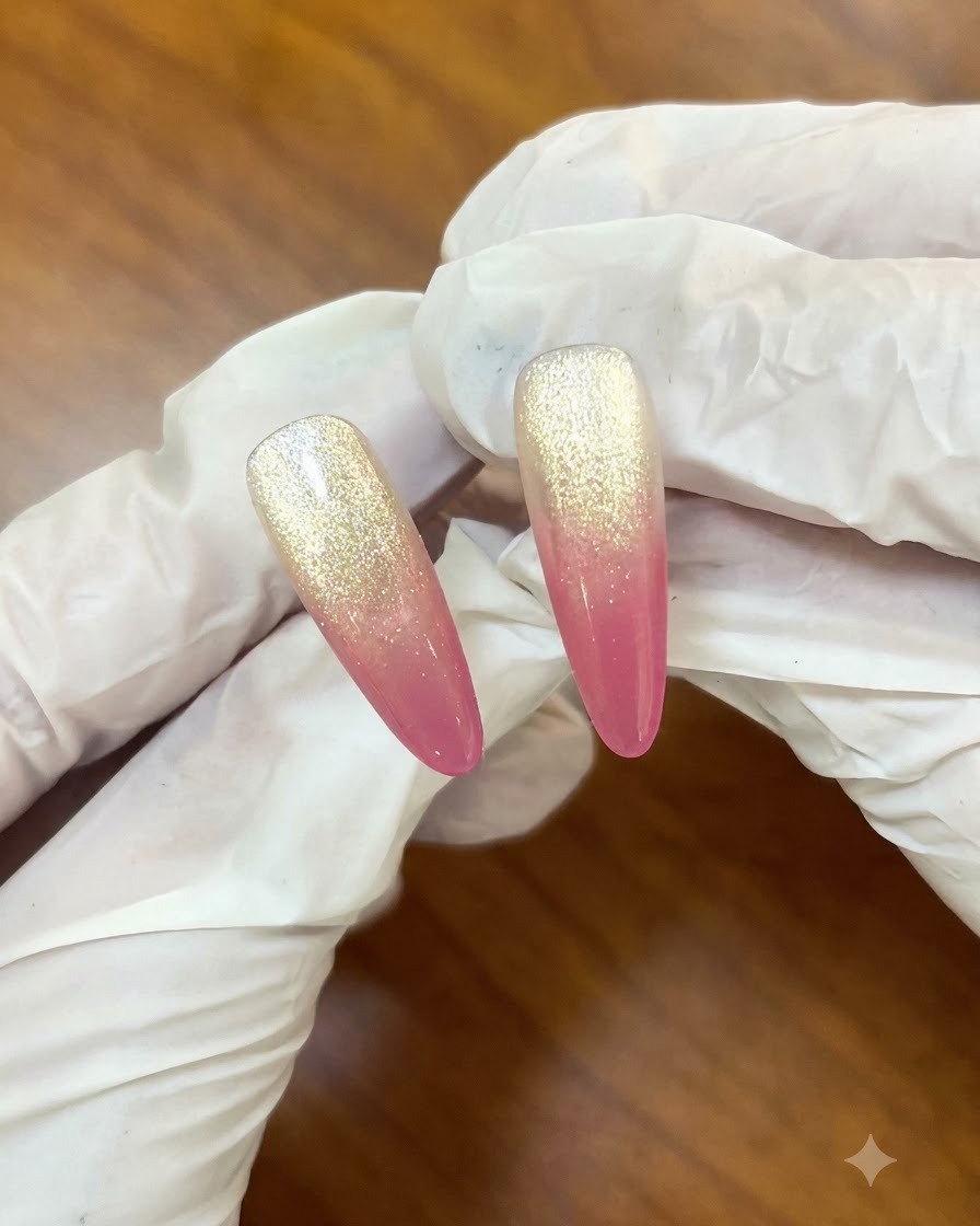 Una esponja de maquillaje aplicando suavemente gel rosa en una uña para crear un degradado ombré.