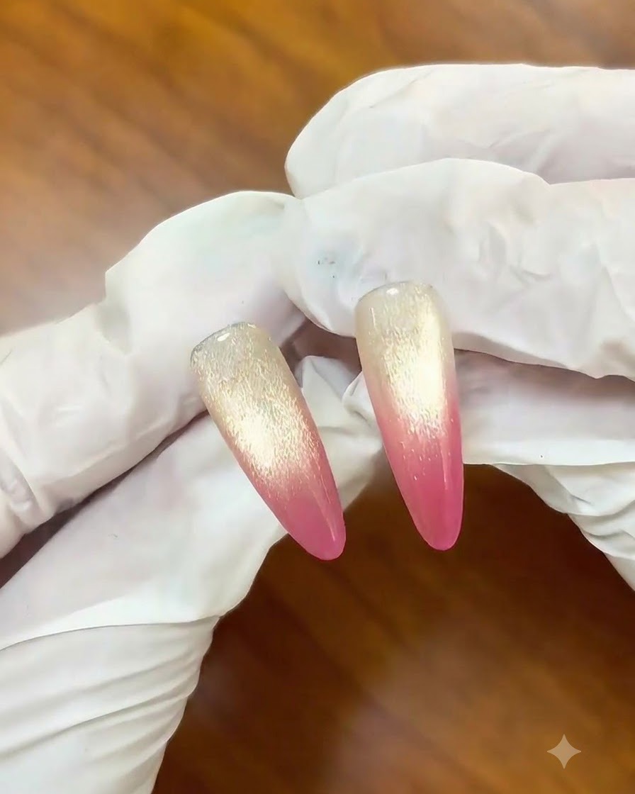 Aplicando una segunda capa de gel rosa baya para oscurecer las puntas de las uñas.