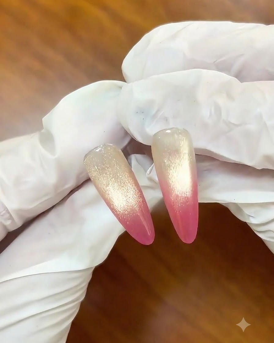 Un pincel cubriendo un esmalte magnético cat-eye dorado sobre la uña con degradado previamente curado.