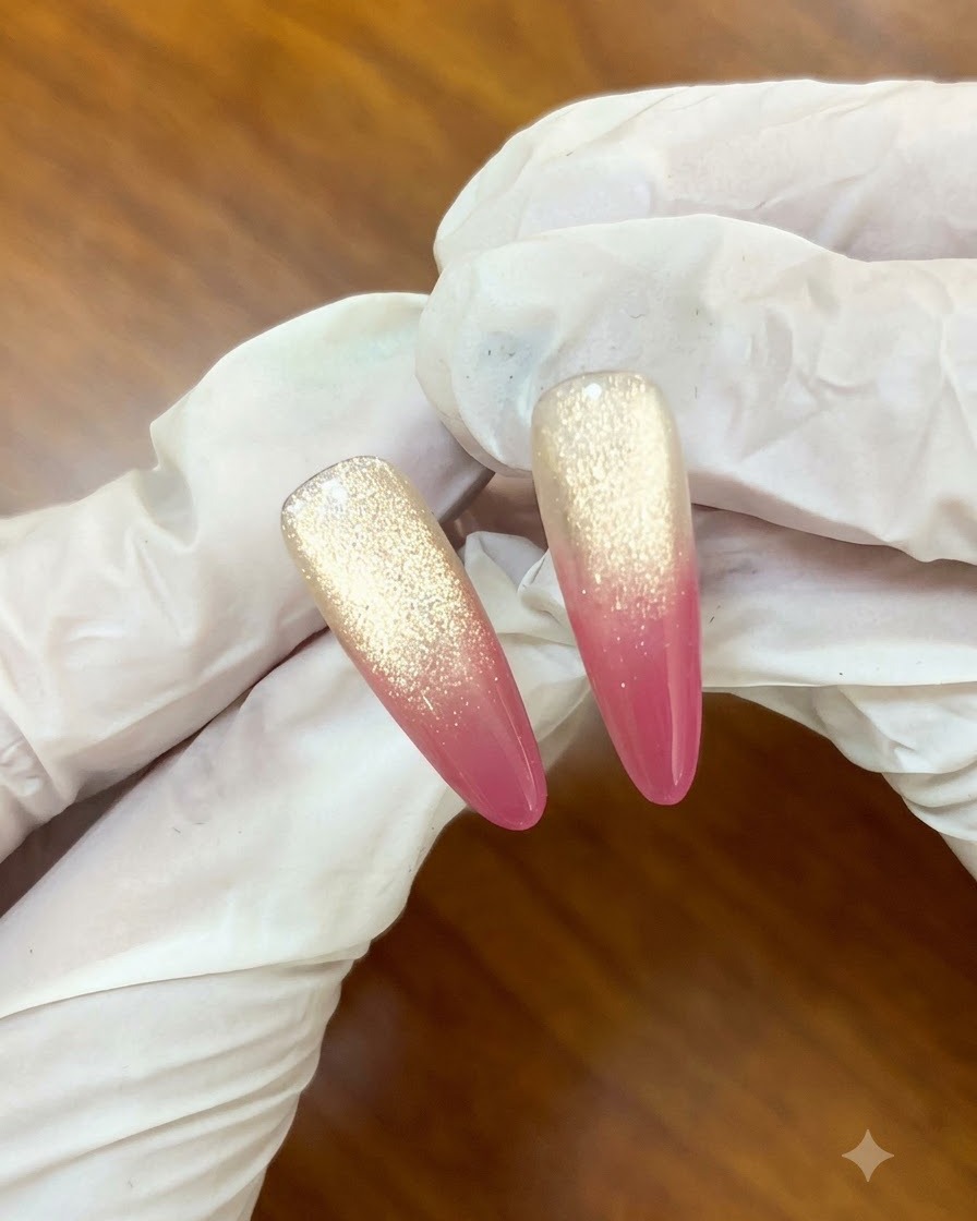Una herramienta magnética sostenida cerca del costado de una uña pintada para reunir partículas de purpurina magnética.