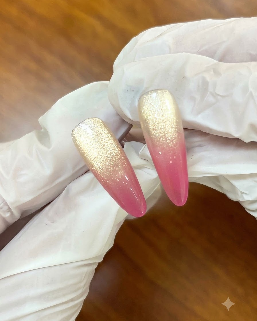 Un pequeño imán deslizándose a lo largo del lado izquierdo de una uña recubierta de gel para refinar la purpurina cat-eye.