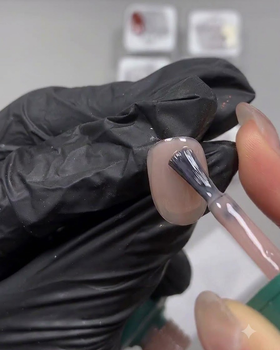 Un pincel de uñas aplicando cuidadosamente una capa suave de esmalte en gel nude lechoso sobre una uña natural.