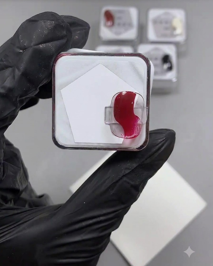 Una espátula o pincel colocando porciones de gel rojo en pote vibrante sobre una paleta de mezcla blanca y limpia.