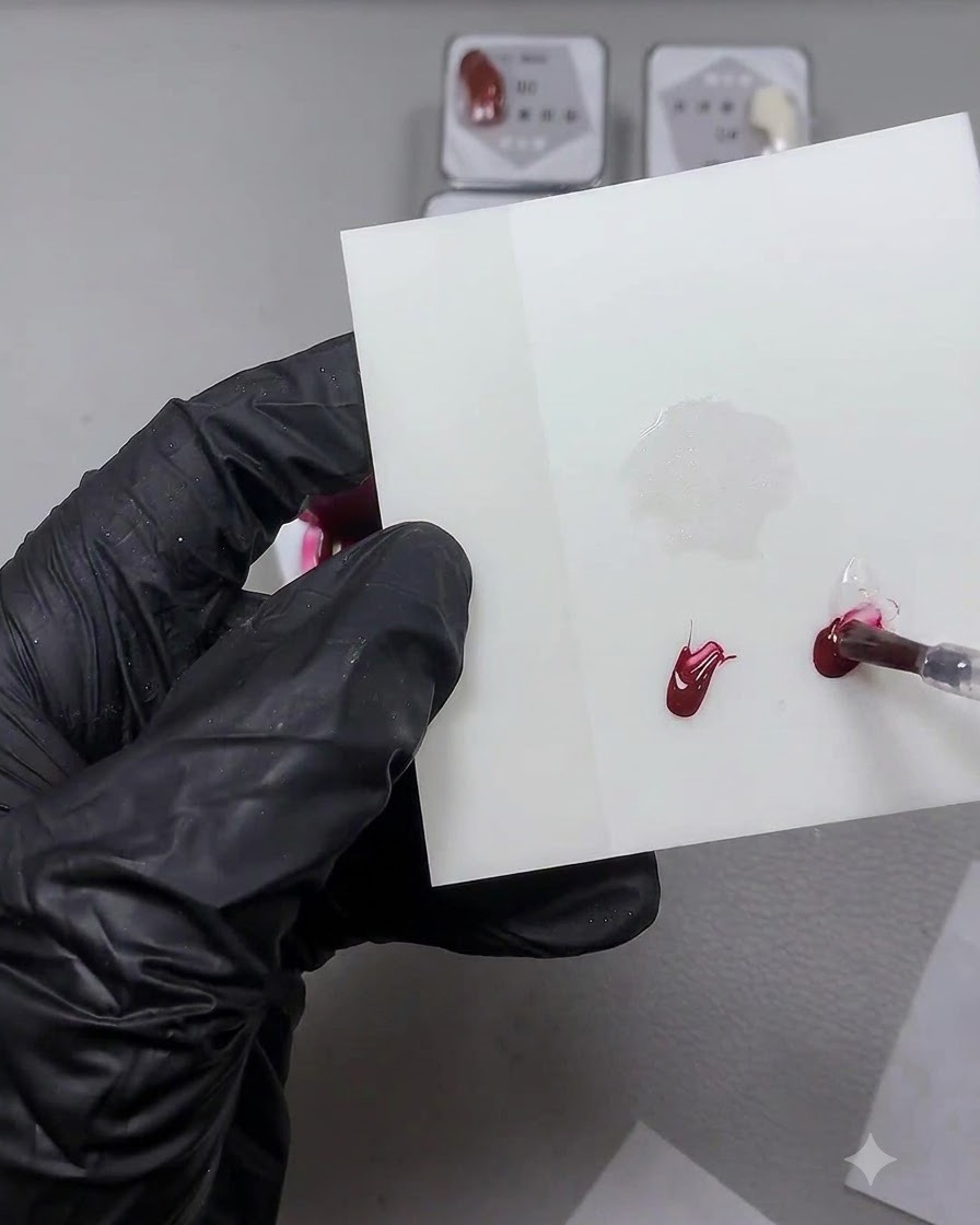 Un pincel fino para arte de uñas mezclando una porción de gel rojo con gel base transparente sobre una superficie de mezcla blanca.