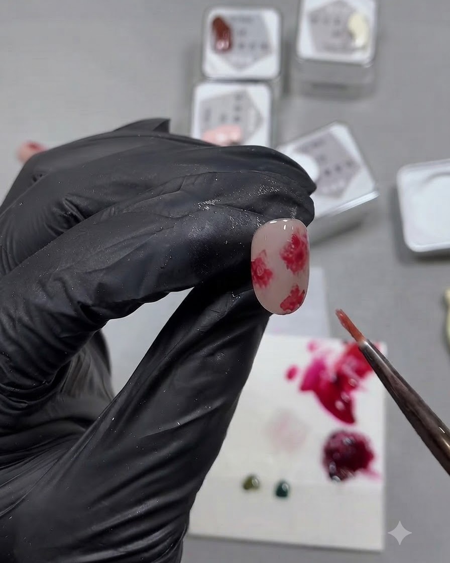 Un pincel fino aplicando gel base transparente alrededor de los cuatro bordes circundantes de las formas de flores rojas pintadas para crear un suave efecto de floración en acuarela.