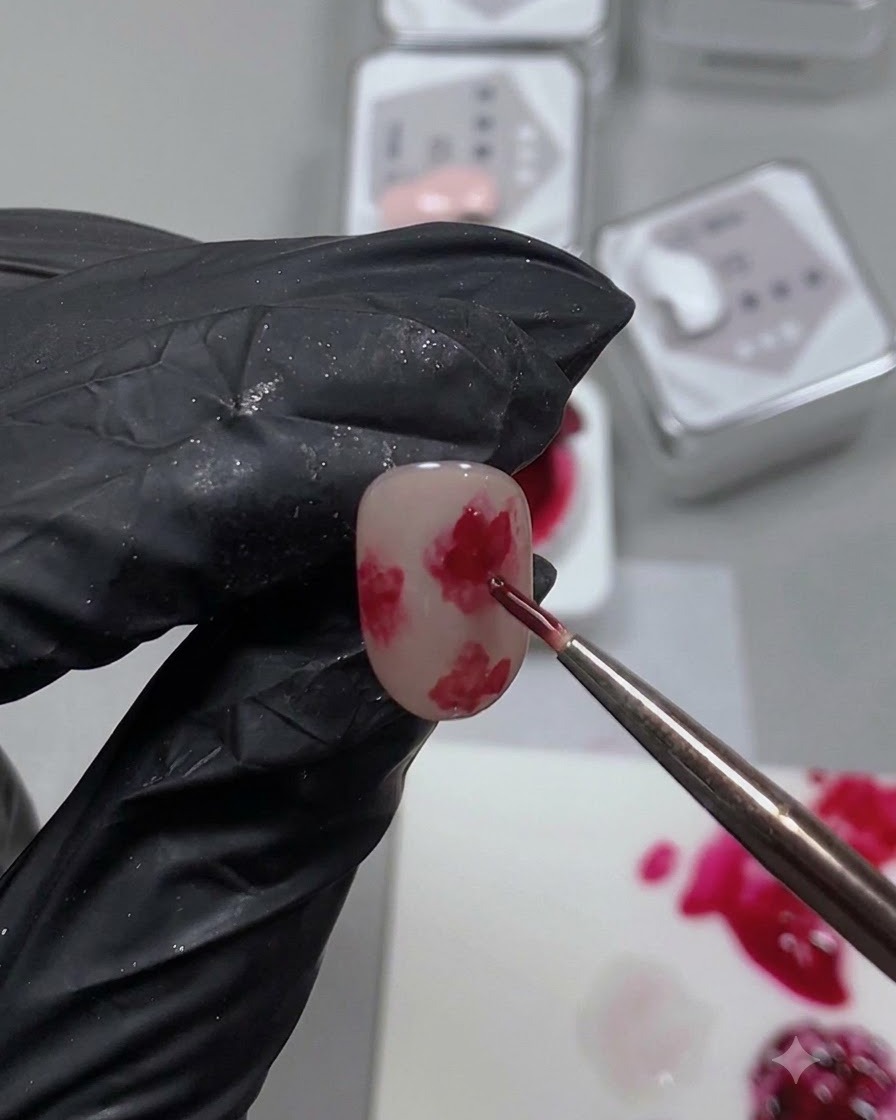 Un pincel de detalle fino agregando un detalle rojo más oscuro en el centro dentro de la capa de pétalos de rosa previamente difuminada.