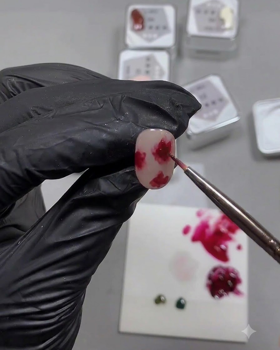 Un pincel fino aplicando gel rojo oscuro en el centro de un diseño de rosa en una uña.