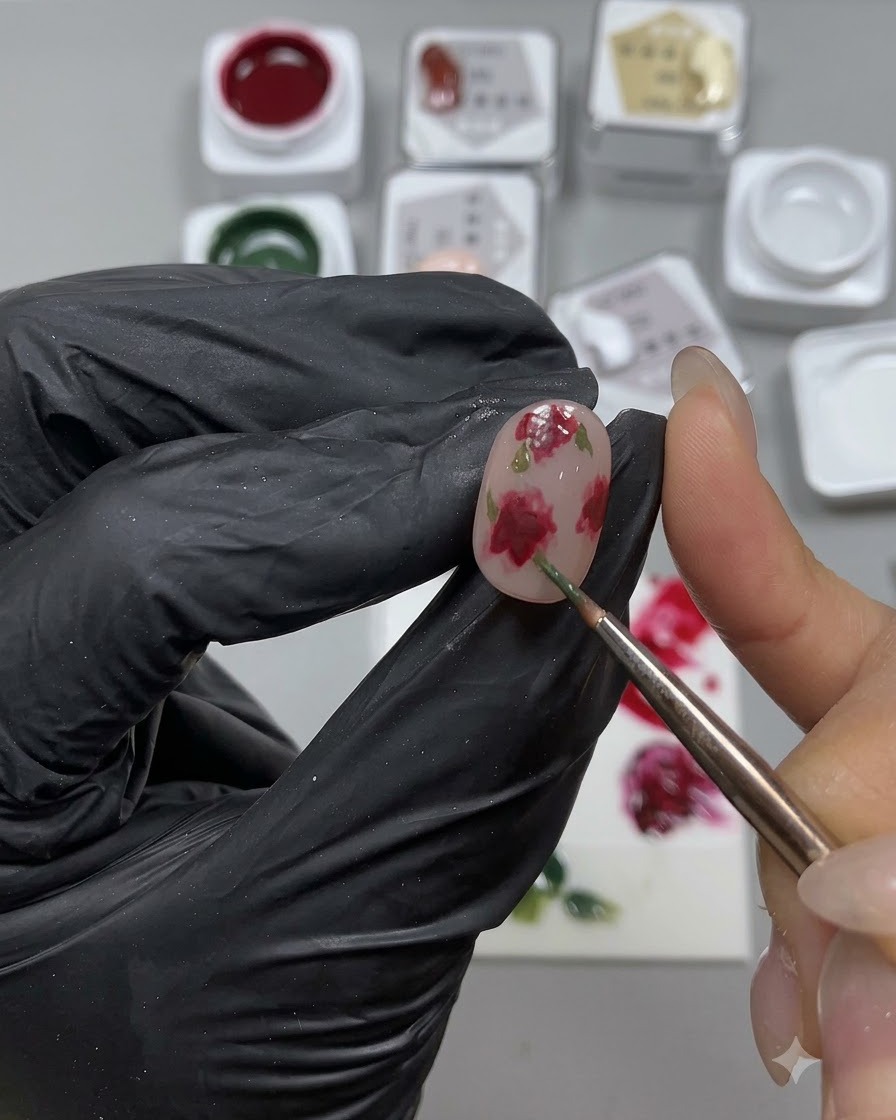 Un pincel fino pintando hojas verdes alrededor de las rosas pintadas en una uña.
