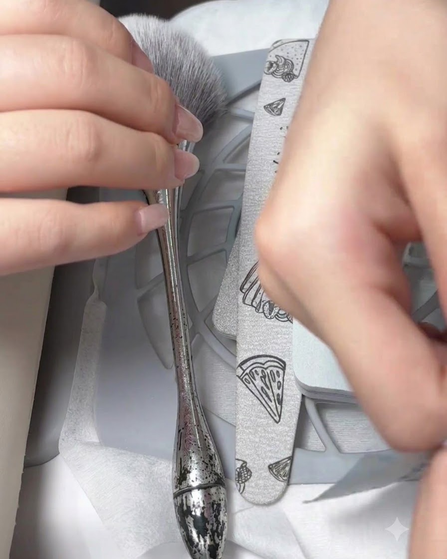 Manos abriendo una bolsa de papel estéril sellada que contiene herramientas metálicas profesionales para uñas.