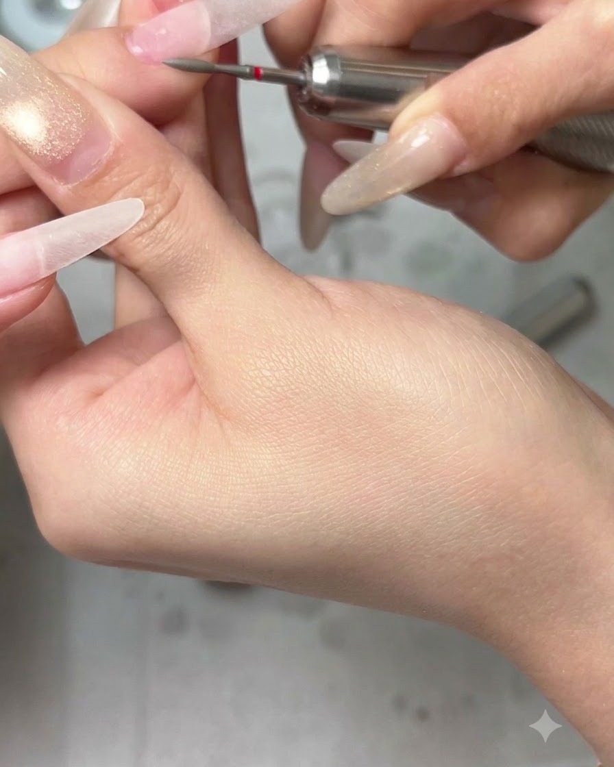 Vista de cerca de un manicurista usando una lima eléctrica para alisar y refinar la superficie de una uña larga de aspecto natural.