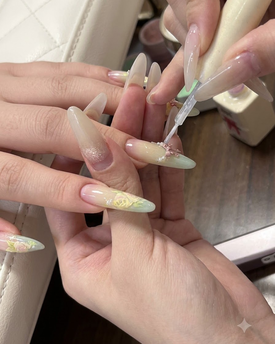 Un manicurista aplicando gel amarillo sobre la superficie de la uña usando una esponja para realzar la mezcla ombré veraniega.