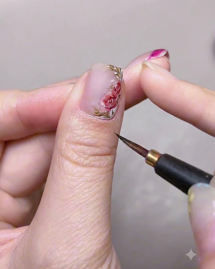 Un pincel plano de gel aplicando una capa suave de gel base transparente sobre la uña del pulgar.
