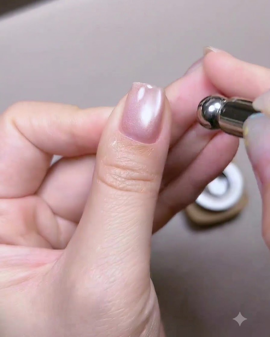 Una herramienta magnética sostenida cerca de un pulgar brillante para magnetizar y concentrar las partículas de brillo del ojo de gato.