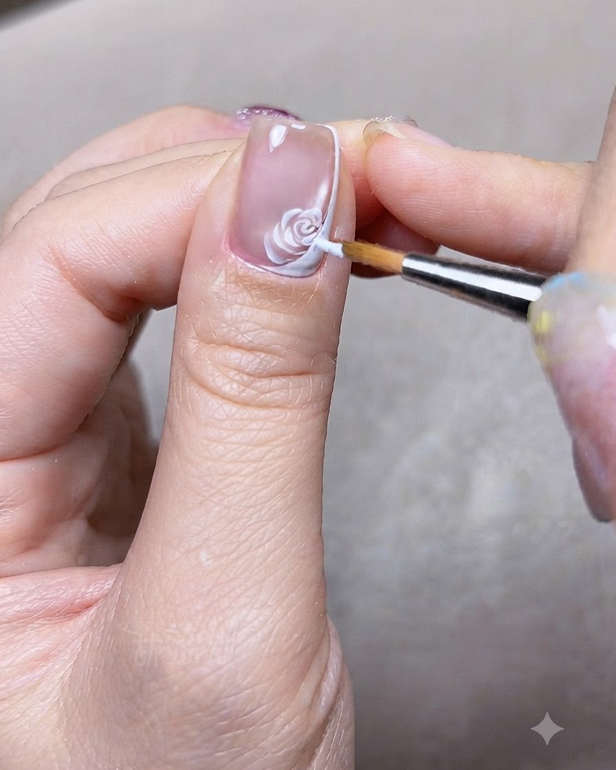 Un pincel versátil pintando contornos de pétalos de rosa blancos sobre la uña del pulgar pre-diseñada.