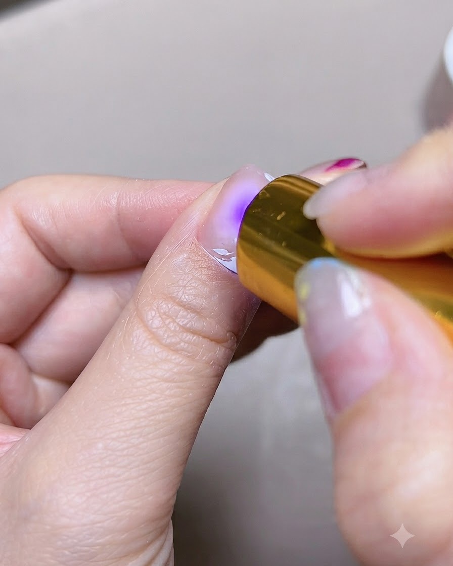 Una mini lámpara portátil UV o LED curando el gel en la uña de un dedo.