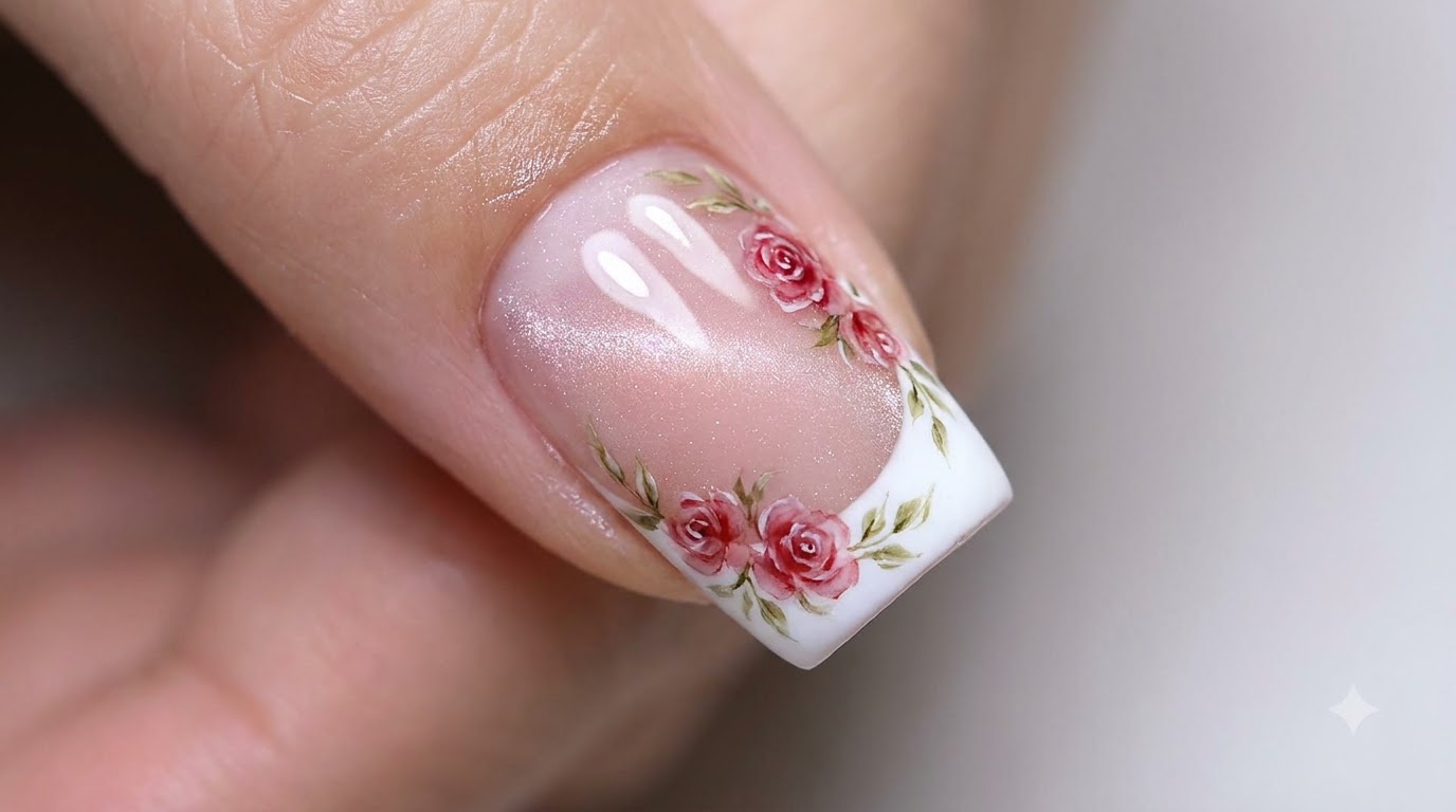 Manicura Francesa con Rosas de Acuarela y Efecto Ojo de Gato — Tutorial Paso a Paso