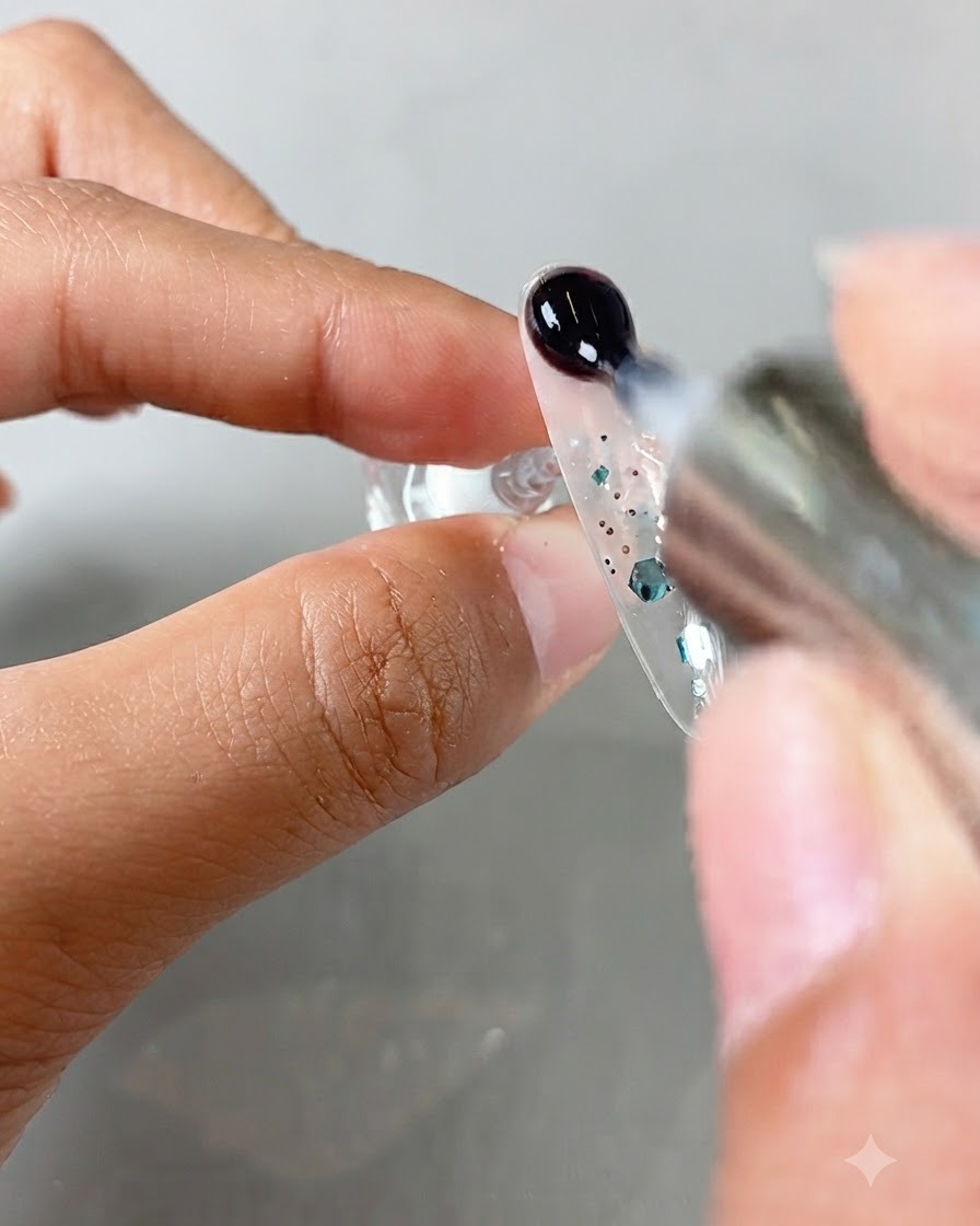 Una gota de gel transparente siendo aplicada con pincel sobre la parte superior de una uña decorada con lentejuelas.