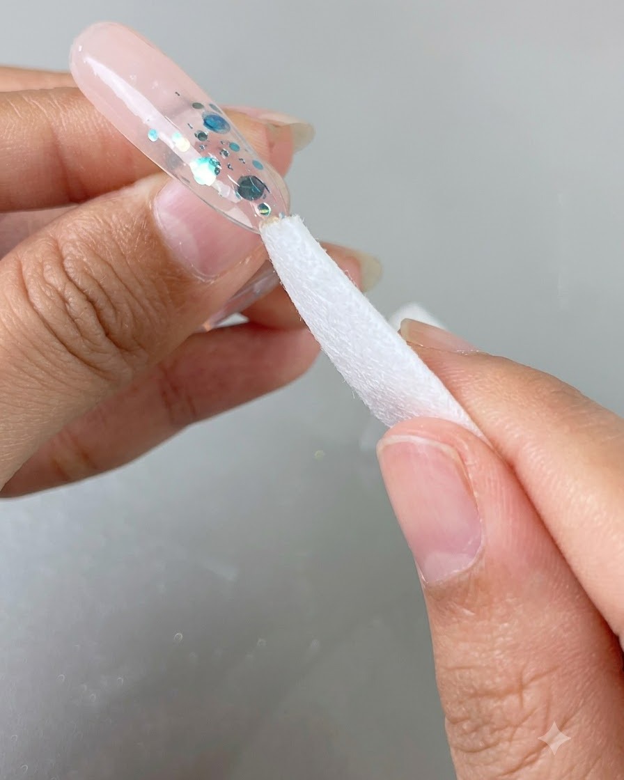 Una toallita limpiadora blanca siendo utilizada para limpiar los residuos pegajosos de una uña brillante.