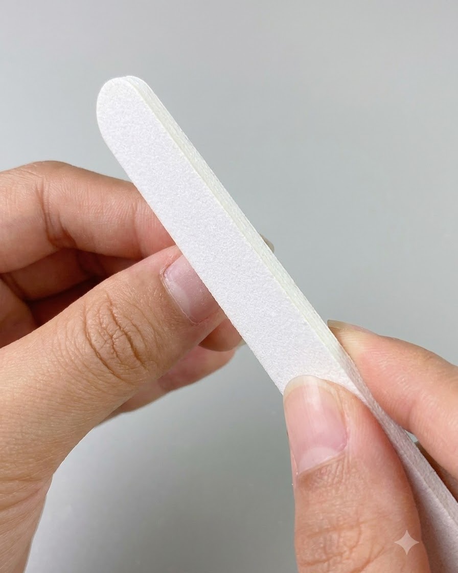 Una lima de uñas blanca sostenida entre las manos para demostrar el alisado y modelado.