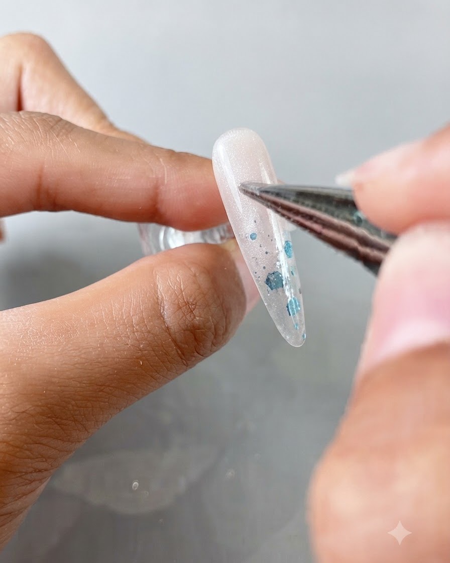 Un pincel de precisión aplicando gel de ojo de gato transparente sobre una uña en forma de almendra.