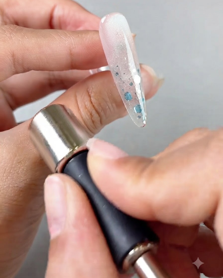 Una varita magnética cilíndrica utilizada cerca del lateral de una uña con gel ojo de gato.