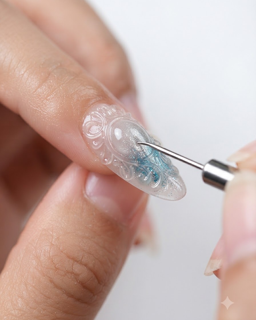 Una herramienta de modelado de silicona tallando facetas detalladas en pétalos de flores transparentes sobre una uña terminada.