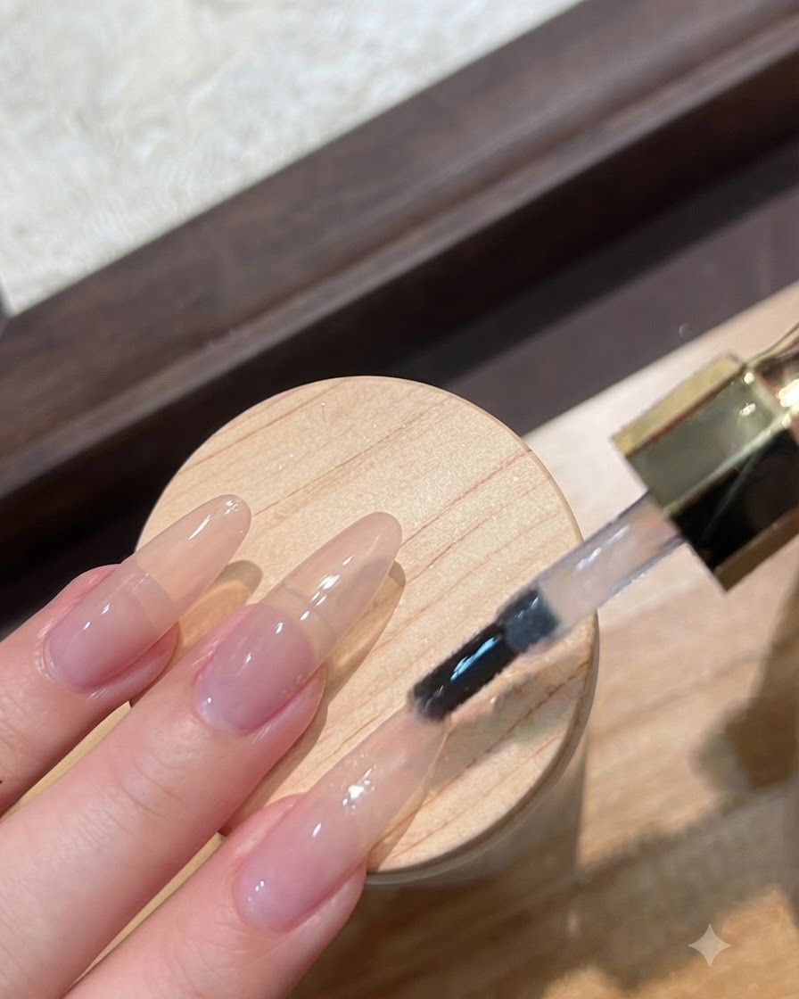 Un pincel de uñas aplicando una capa de top coat transparente sin residuos en dedos seleccionados.