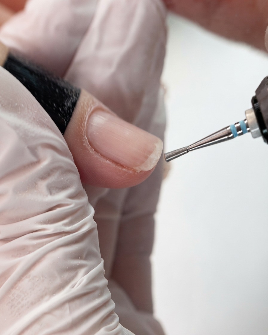 Alicates de cutícula acercándose al borde limpio de la cutícula de una uña natural.
