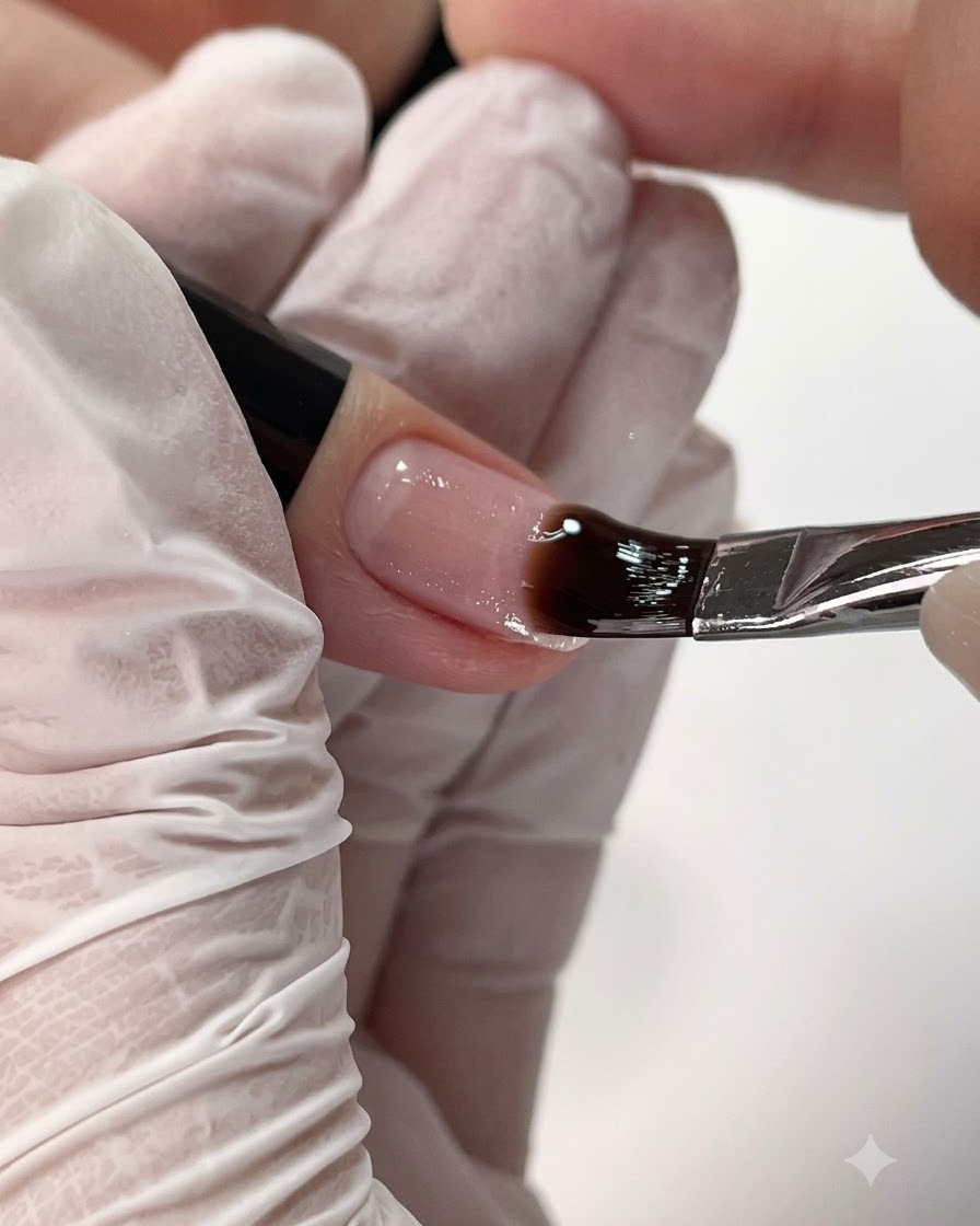 Un pincel de uñas aplicando una capa delgada de gel base transparente sobre una uña natural.