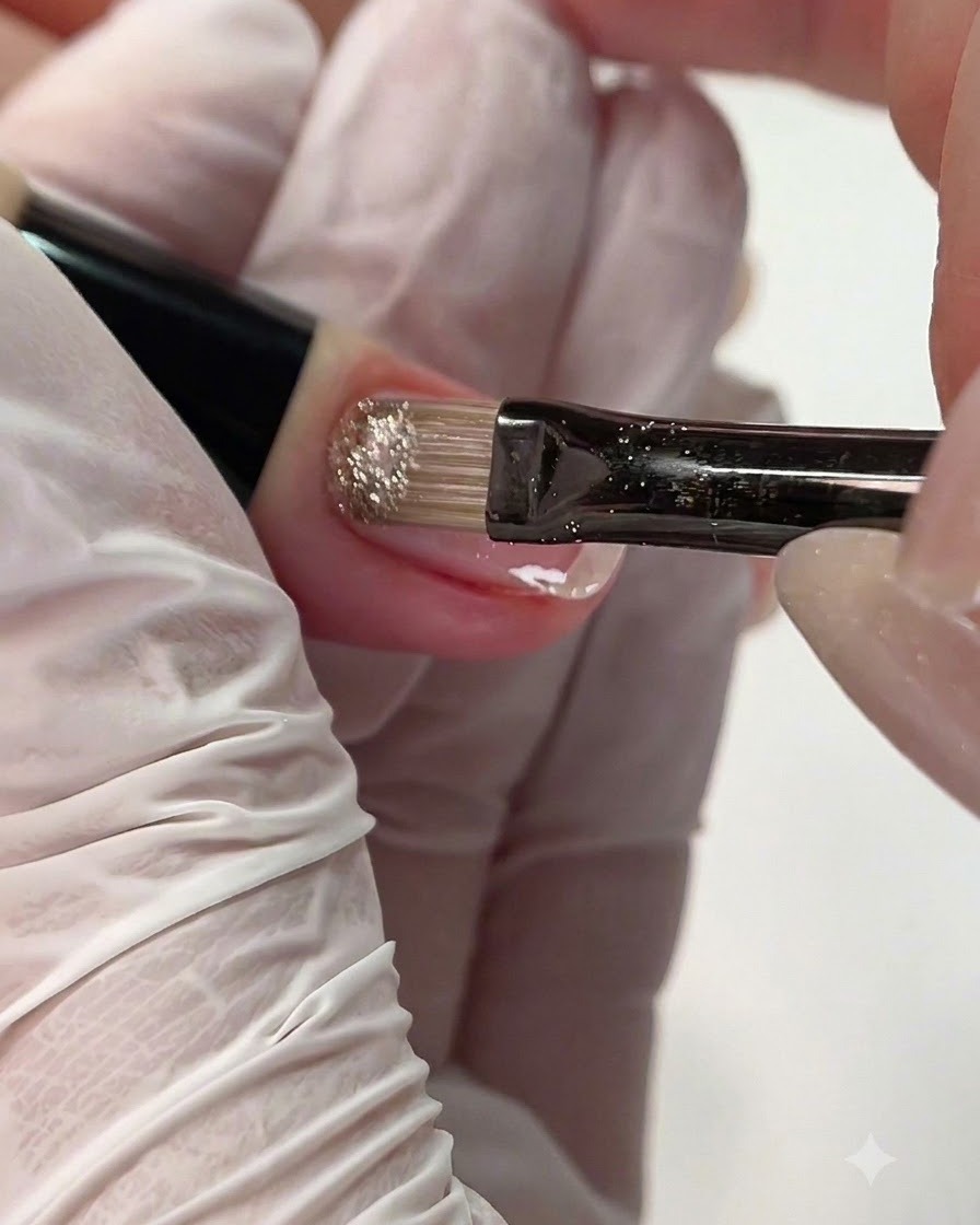 Un pincel plano pequeño aplicando gel brillante de diamante triturado en el borde posterior de una uña.