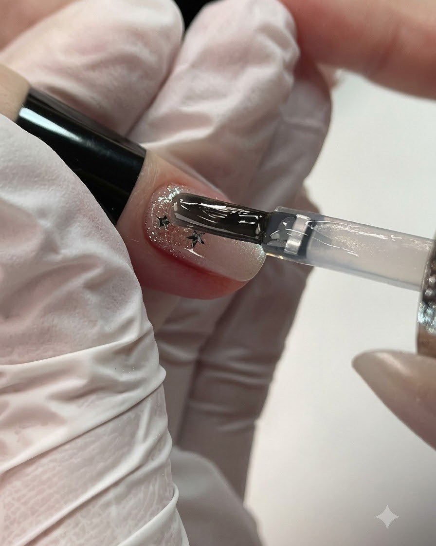 Un pincel colocando una gota de gel de construcción transparente cerca del área de la cutícula de una uña.