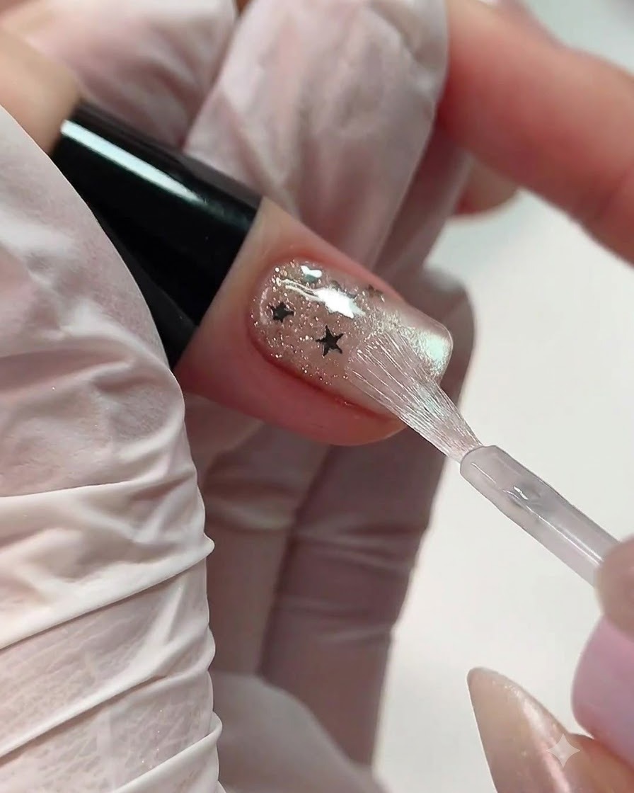 Un pequeño aplicador de esponja palmeando y suavizando suavemente el gel cerca de la zona de la cutícula de una uña.